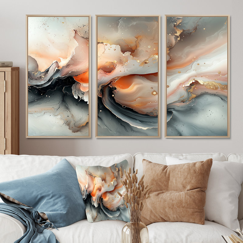 «Abstract Geode Grey Marble River Shape I», ensemble d'art mural mural en marbre, Toile naturelle avec cadre flottant