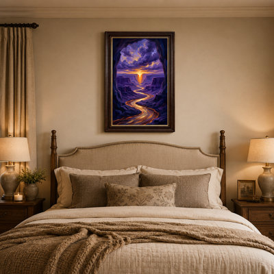 «Winding Golden River at Sunset Through Purple Canyon Cave», art mural