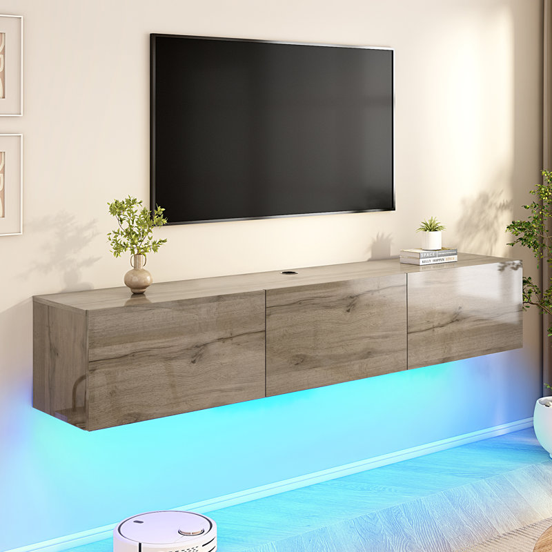 Meuble télé flottant 70 po avec lumières à DEL et prise de courant Bhhatu, gris, Gris