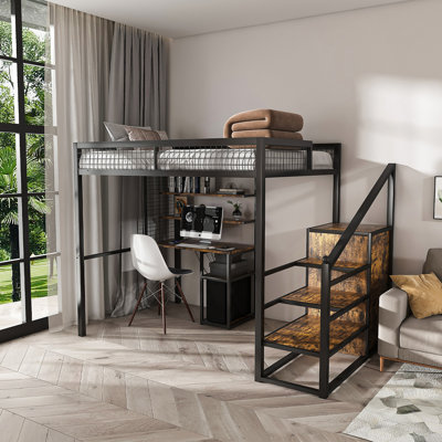 Lit mezzanine double avec bureau et garde-robe - structure en métal lourd, escalier intégré, support de rangement et tablettes