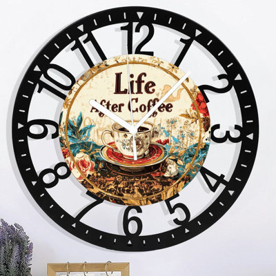 Metal Wall Clock for Living Room -10" Life After Coffee Cup Floral Art Silent Non Ticking,Battery Operated, Antique Clocks for Farmhouse,Bedroom,Kitchen - Arabic Numerals