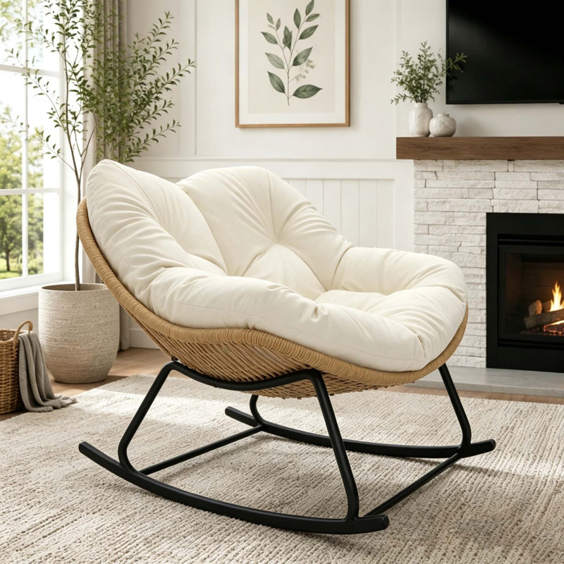 Fauteuil à bascule berçant, conception surdimensionnée avec coussin, mobilier d'extérieur intérieur, Beige