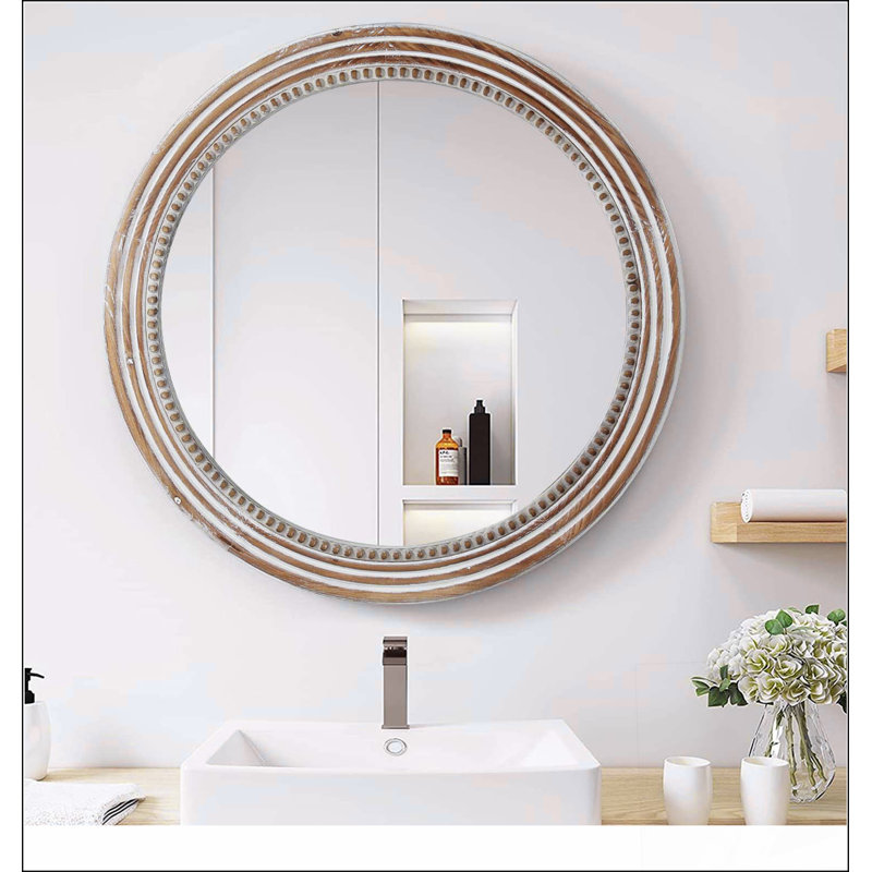 Miroir mural rustique rond, cercle en bois de 23,62 pouces avec perles, parfait pour un décor de maison de campagne et ajoutant une touche d'élégance à n'importe quelle pièce