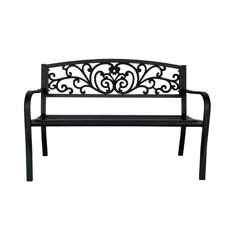 Black Metal Outdoor Garden Bench with Ornate Backrest