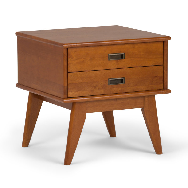 Table de bout rectangulaire Mid-Century moderne en bois massif de 22 po avec 2 tiroirs de rangement Draper, Brun teck