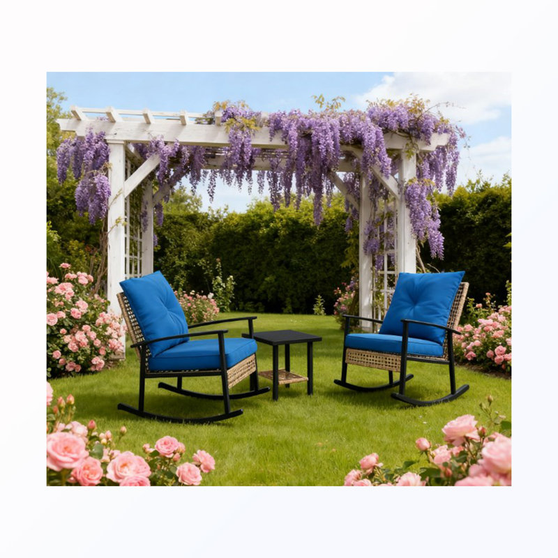 Chaise berçante de patio en osier avec coussins et table capitonnés (2 chaises), Beige