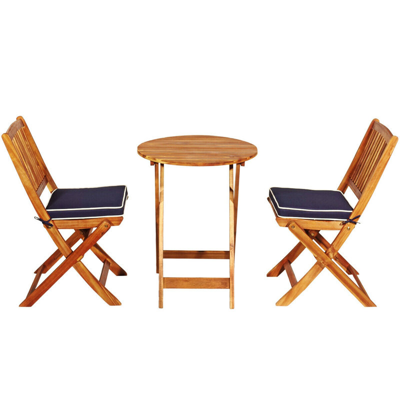 3-Piece Folding Acacia Wood Patio Bistro Set with Navy Cushions