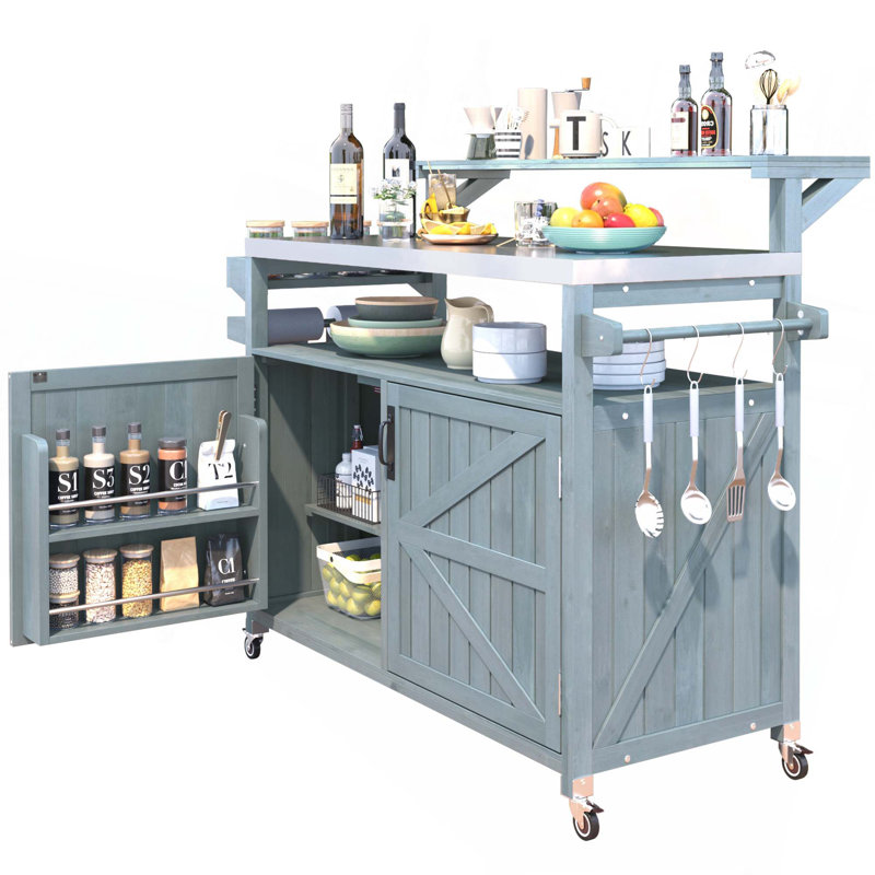 53.3" Outdoor Kitchen Island With Stainless Steel Top, Raised Shelf, Internal Storage Rack, Spice Rack & Adjustable Shelf