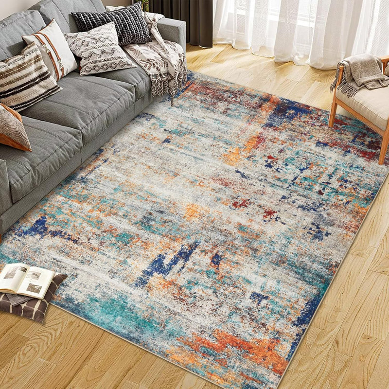Washable Area Rugs Non-Slip Modern Abstract Soft for Living Room Entryway Bedroom, Print Pattern, Teal Blue Orange Rust Red Coloreful