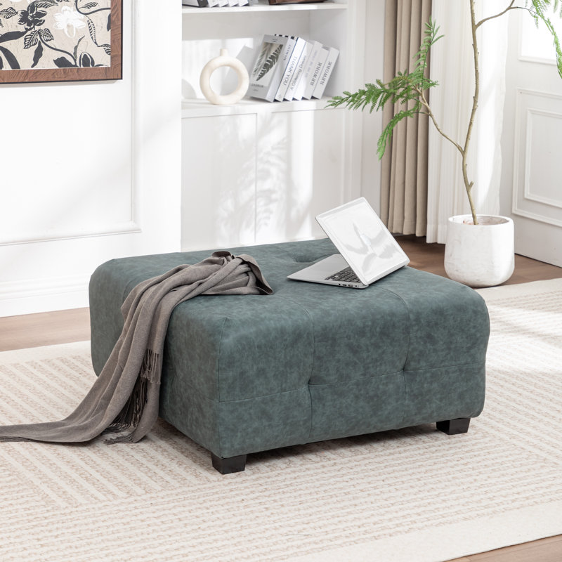 Ashyiah 32'' Wide Upholstered Tufted Ottoman, Vintage Blue Polyester