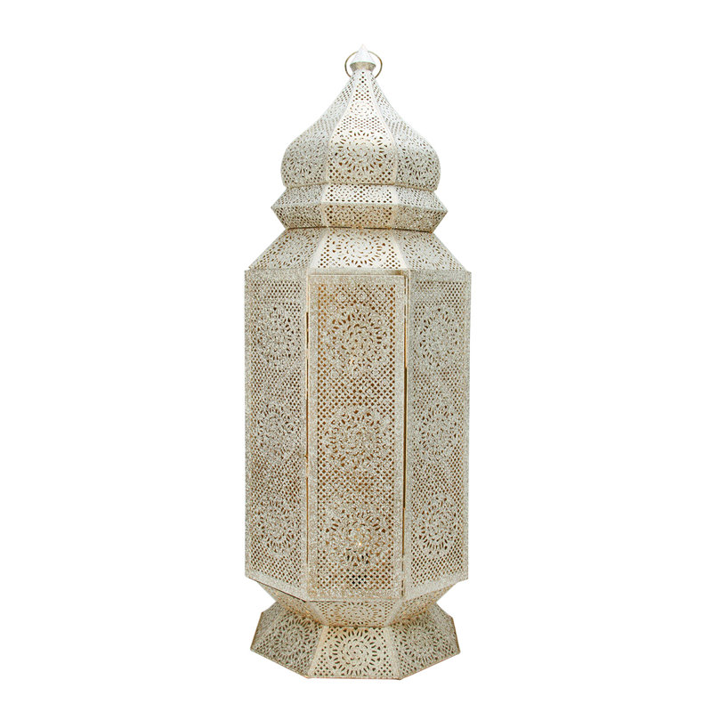 29.5" Moroccan Style Floor Pillar Candle Lantern, Distressed White/Gold
