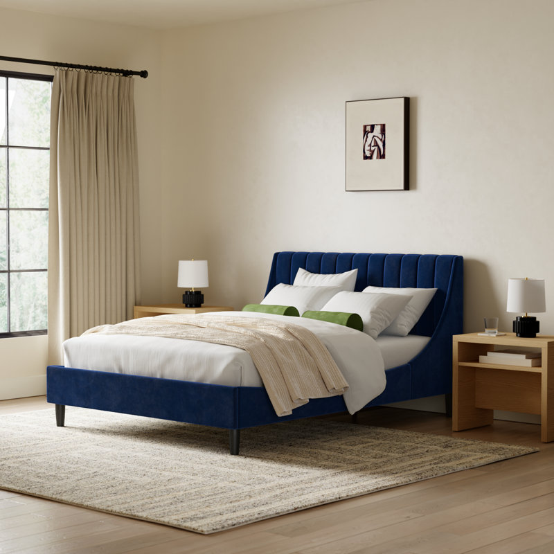 Helaina Upholstered Wingback Bed, Queen, Navy Blue Velvet