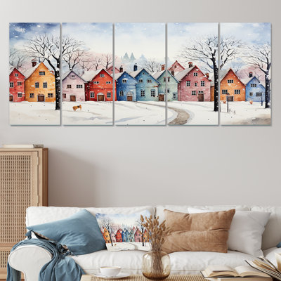 Multicolor Frosty City In Winter II - Winter Landscape, ensemble d'art mural 5 pièces