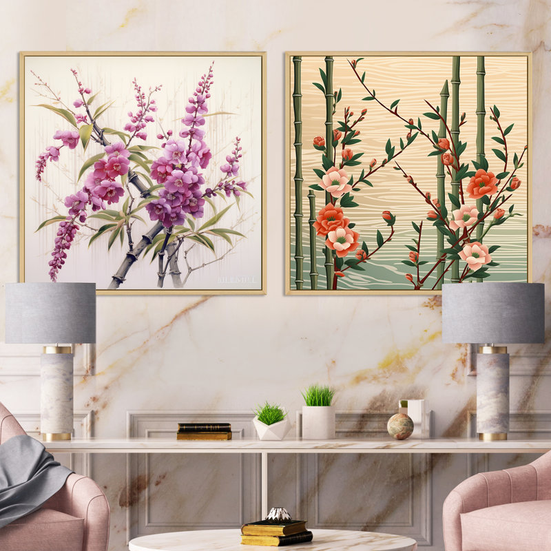 Bamboo and Plum Blossoms - Ensemble de 2 collages carrés en bambou, Cadre flottant brun, H 30 po x l 61 po