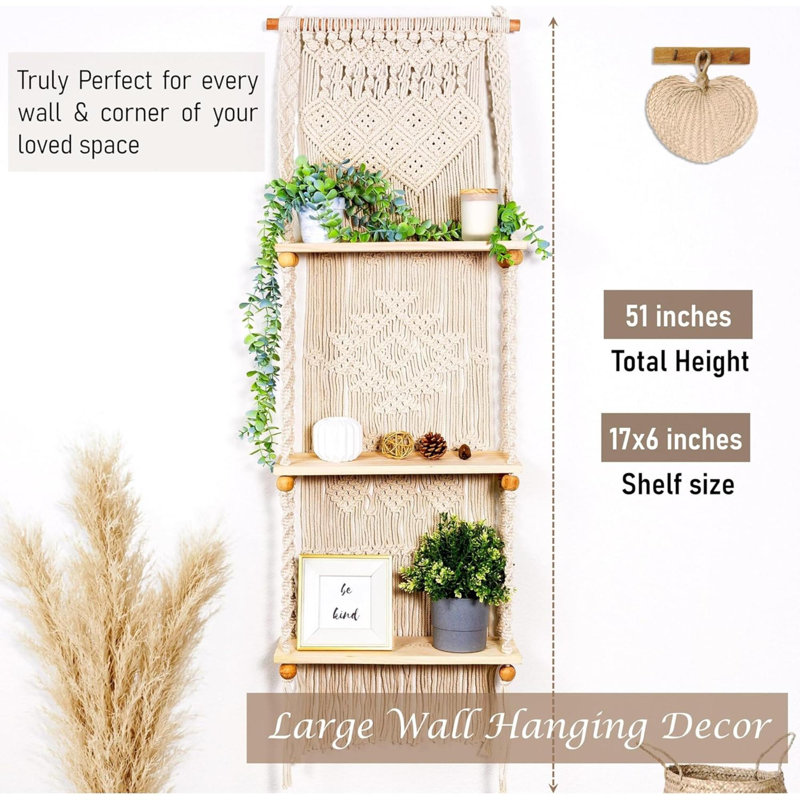 Étagère murale à 3 niveaux en macramé Boho