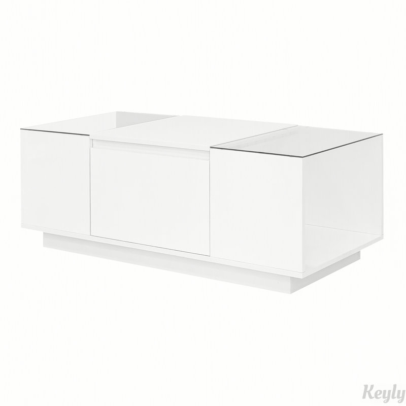 Table basse à DEL avec finition brillante et plateau de table en verre, Blanc