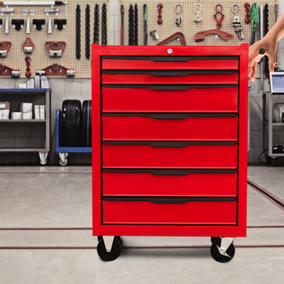 7 Rolling Tool Cabinet - Large Capacity Metal Box With Lock For Workshop, Garage Red Chest Cart Locking System Work Shop,