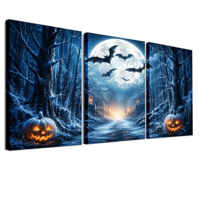 Chauves-souris volantes et citrouilles lumineuses : ensemble de 3 toiles murales pour l'Halloween