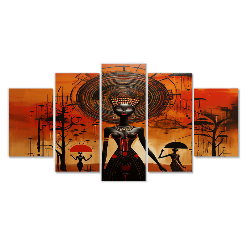 Pleine lune déesse, paysage abstrait minimal - art africain, art mural 5 pièces, H 32 po x l 60 po