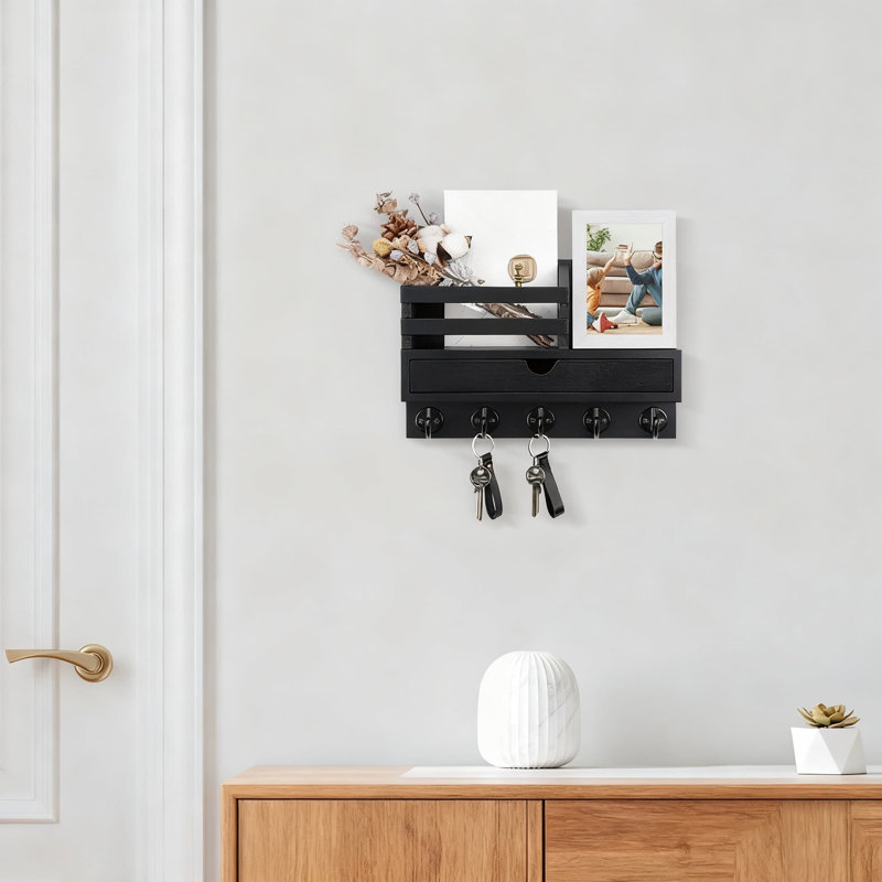 Porte-clés mural avec organisateur de courrier et tiroir de rangement, 5 crochets robustes pour clés, manteaux, laisse pour chien, organisateur de hall d'entrée en bois massif pour la maison
