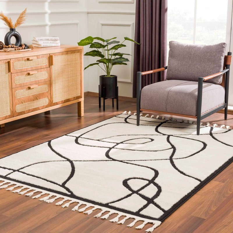 Davyd Abstract Machine Woven Polypropylene Area Rug in White, Rectangle 2' x 3'