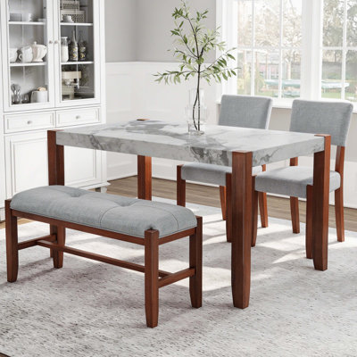 4-Piece Dining Set, 1 Marble-Look Table with 2 Upholstered Chairs and 1 Bench with Solid Rubber Wood Legs, Padded Seat, Curved Backrest, Space-Saving, Dining Room