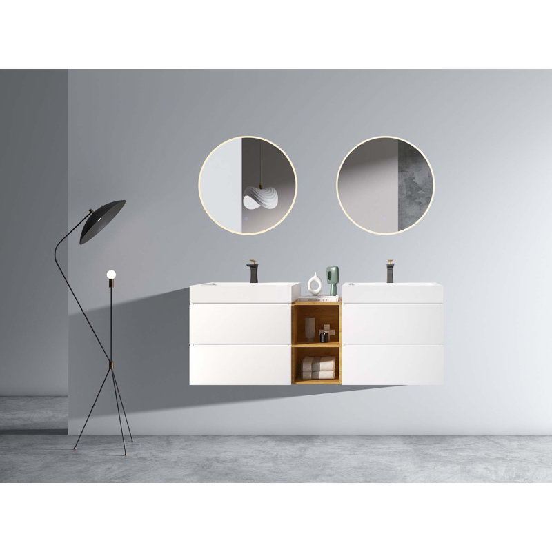 Meuble-lavabo mural moderne avec lavabos doubles et tablette ouverte