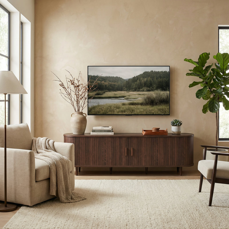 70" Mid-Century Modern TV Stand with Sliding Tambour Doors & Built-in Outlets, Japandi Walnut Media Console for TVs up to 75"