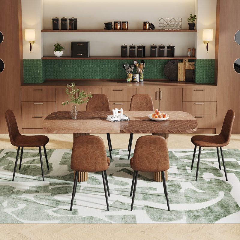 Double Robust Flutted Pedestal Dining Table Set, 7 Pieces: Table, 6 Chairs, Brown