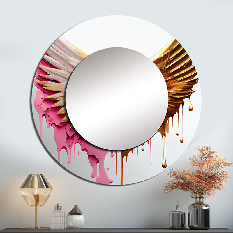 Arnould Dusty Pink Angel Wings - Abstract Wall Mirror, Modern Round Decorative Mirror, Printed Metal Art, 29" x 29"