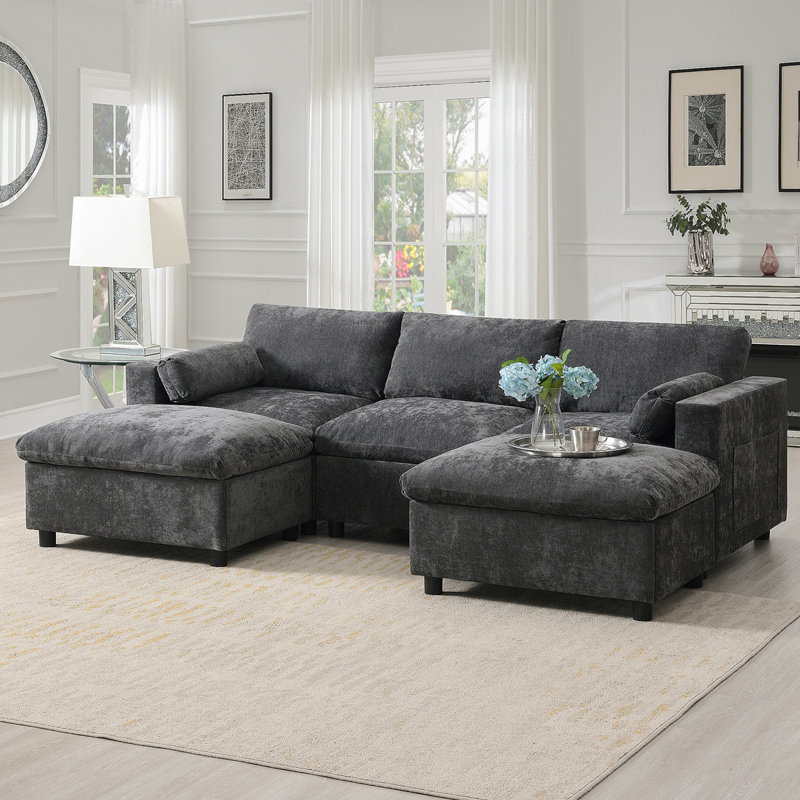 Canapé modulaire en chenille avec repose-pieds amovible et poches de rangement latérales, Chenille grise foncée