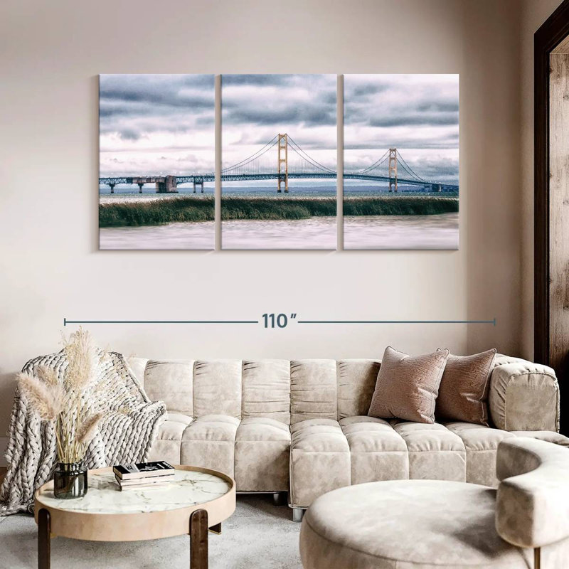 " Panoramic Mackinac Bridge " 3 - Pieces, 45" H x 92" W x 1.25" D