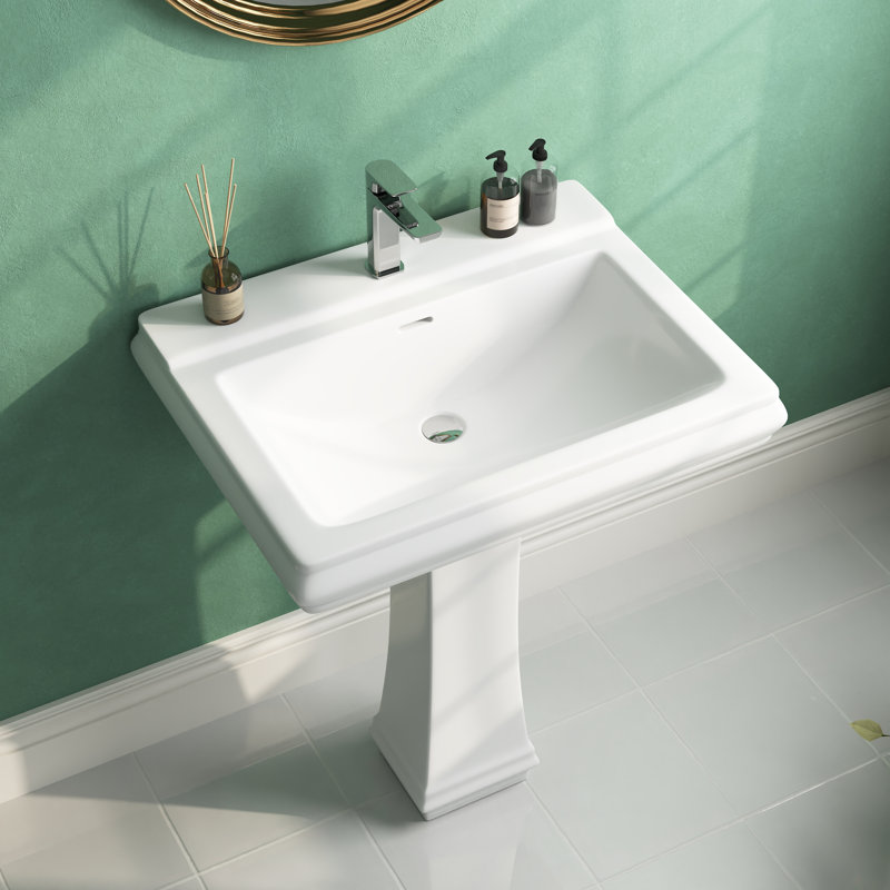 Apex 34" Tall Rectangular Vitreous China Pedestal Bathroom Sink with Overflow, White, Single Hole Faucet