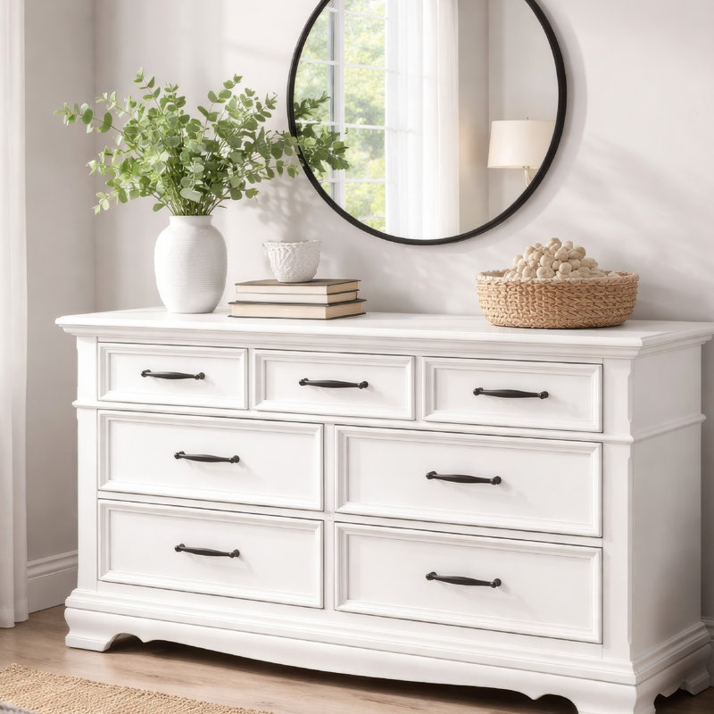 Yal Wide Dresser, 7 Drawers W Black Nickel Bar Handles, White Finish