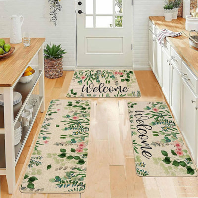 Paillasson Welcome - vert - feuilles d'eucalyptus printemps été, floral, extérieur / intérieur, antidérapant, durable, absorbant, facile à nettoyer