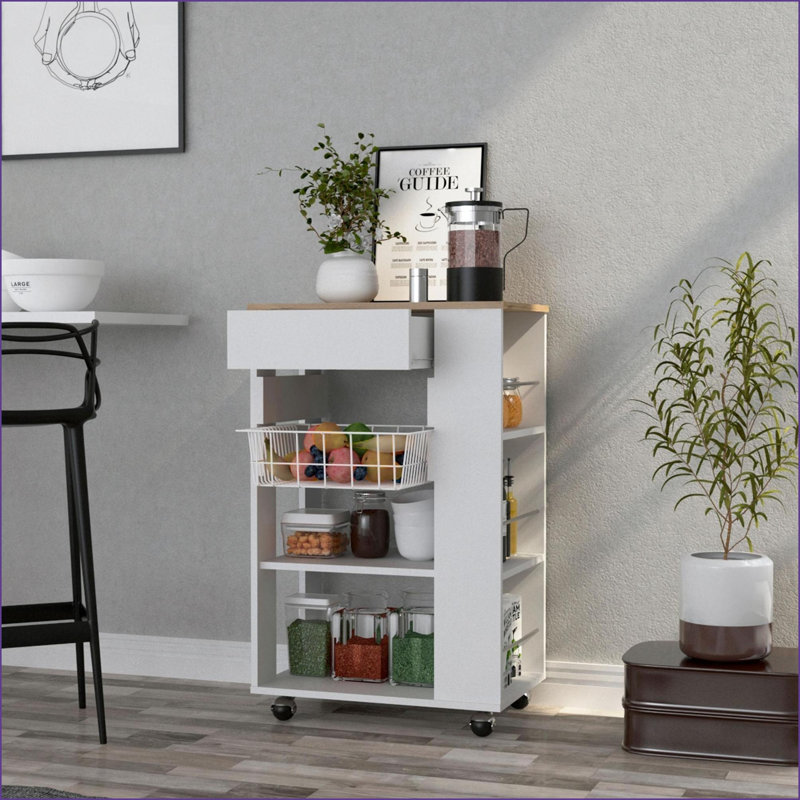 Chariot de cuisine avec rangement | Blanc neige / chêne clair | Blanc + chêne clair | Panneau de particules