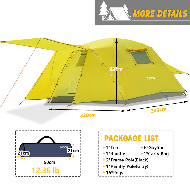 Tente de camping 4 personnes avec voile d'ombrage, Jaune