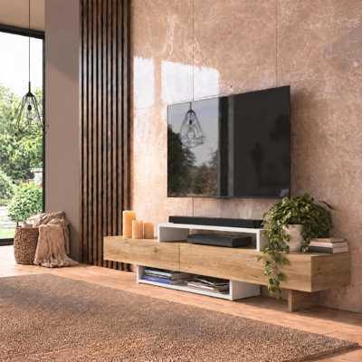 Meuble télé Dessein à deux tons pour téléviseur de 65 po ou moins - Console média minimaliste à profil bas avec rangement, finition bois blanc / brun