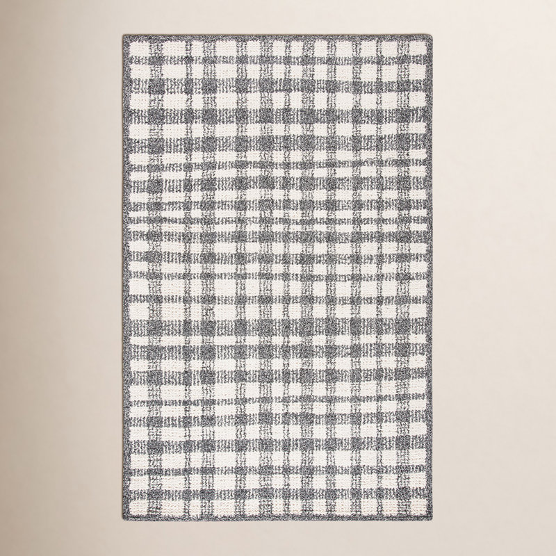 Eldon Plaid Handmade Tufted Ivory/Black Area Rug, Rectangle 4' x 6'