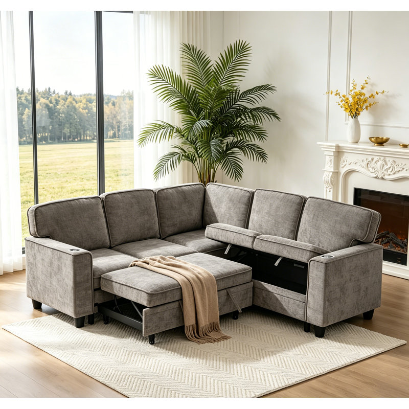 Canapé-lit modulaire convertible de 81 po avec lit escamotable de 81 po et canapé modulaire en chenille modulaire en L à 5 places avec méridienne de rangement et chargement USB pour le salon et l’appartement