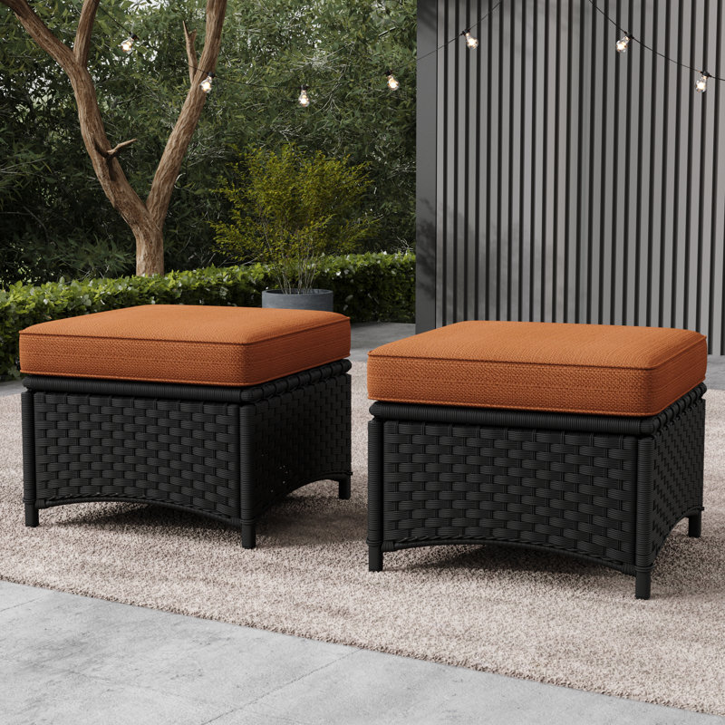 Repose-pieds d'extérieur en rotin d'osier toutes saisons avec coussin épaissi (ensemble de 2), Noir