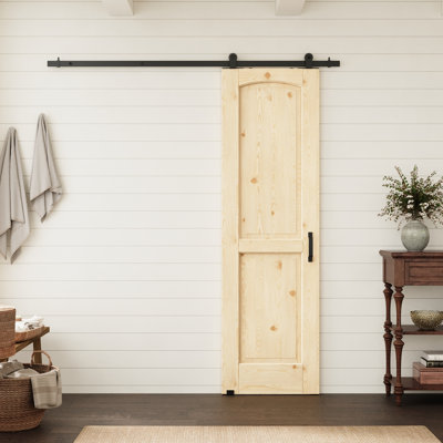 24"x80" 2-Panel Arch Top Pine Wood Interior Slab Door With Top Mounted Black Barn Door Hardware Kit Suitbale For Living Room, Pantry