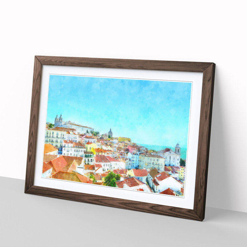 Skyline of Alfama Lisbon Portugal - Picture Frame Painting Print, 33cm H x 45cm W x 2cm D, Walnut Framed