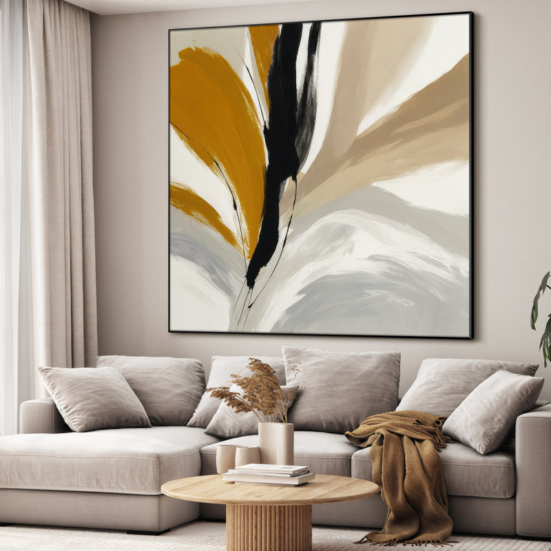 Très grand imprimé abstrait à coups de pinceau abstrait - jaune, noir et neutre, décor moderne pour le salon ou la chambre à coucher, assemblage de cadre requis