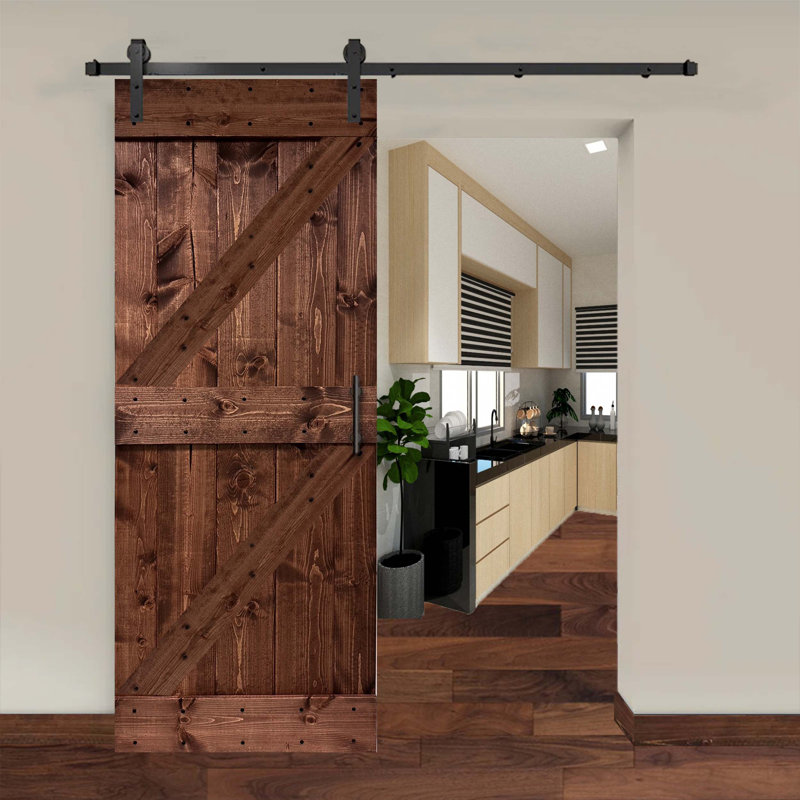 Porte de grange coulissante en bois de pin avec trousse de quincaillerie d'installation, Noyer foncé, 48 po x 84 po