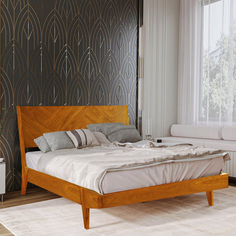 Gazelle Solid Wood Bed Frame with Artistic Patterned Headboard, Queen size bed, Caramel, Caramel, Queen