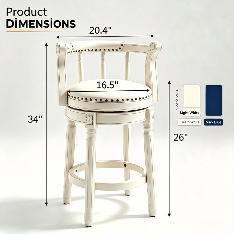 Tabouret de bar en bois massif, ensemble de 2 chaises de comptoir pivotantes en cuir ivoire avec repose-pieds pour salle à manger