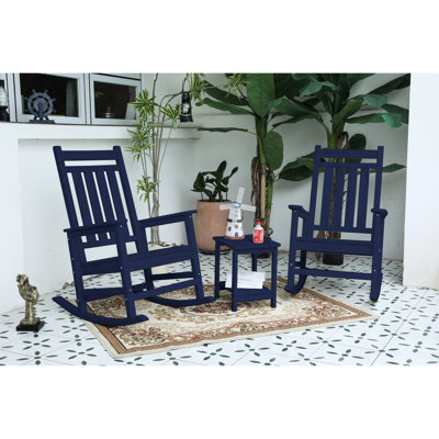 All Weather 3 Rocking Chair With Side Table, Navy. Ergonomic For Better Comfort. Widened And Contoured Seat. 32.5"D X 25.9"W 41.7"H. Supports 380 Pounds. 30-Min Partial Installation. Made Of 304