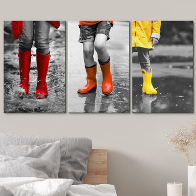 Bright Color Red and Yellow Rain Boots in Black and White Photo Modern Wall Decor