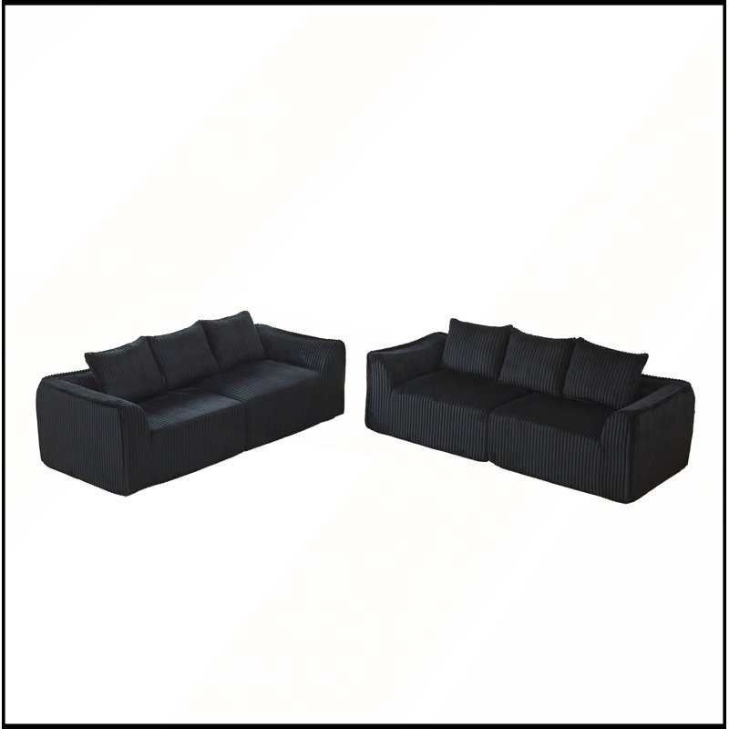 Ensemble de canapé Minimalist 3 + 2 places en velours côtelé avec lignes courbes et dossier légèrement incliné, livré avec 5 coussins décoratifs en forme de corne